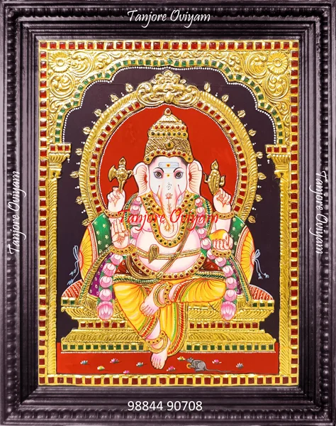 Lord Ganapati Traditional Tanjore painting seated throne gold foil artwork
